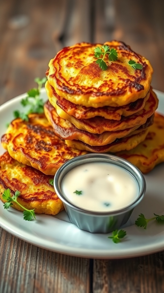 Crispy Mashed Potato Pancakes (Tortas de Papas) Recipe Crispy mashed potato pancakes (tortas de papas) served on a plate with herbs and dipping sauce.